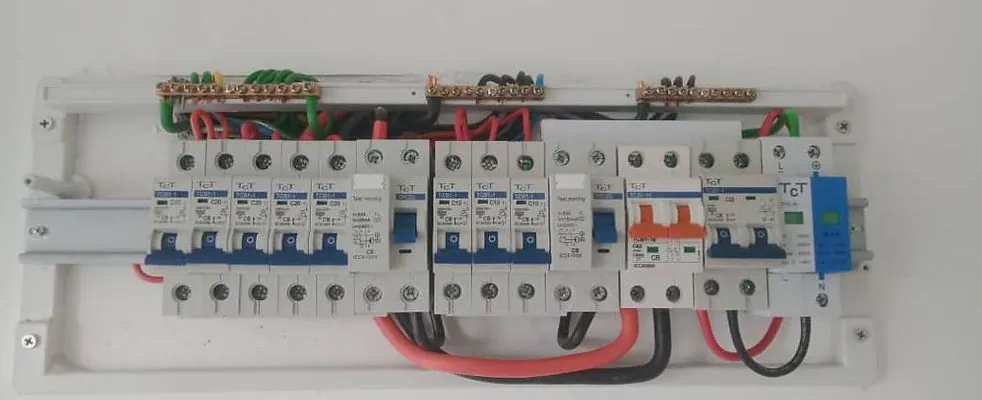 Distribution board with circuit breakers installed
